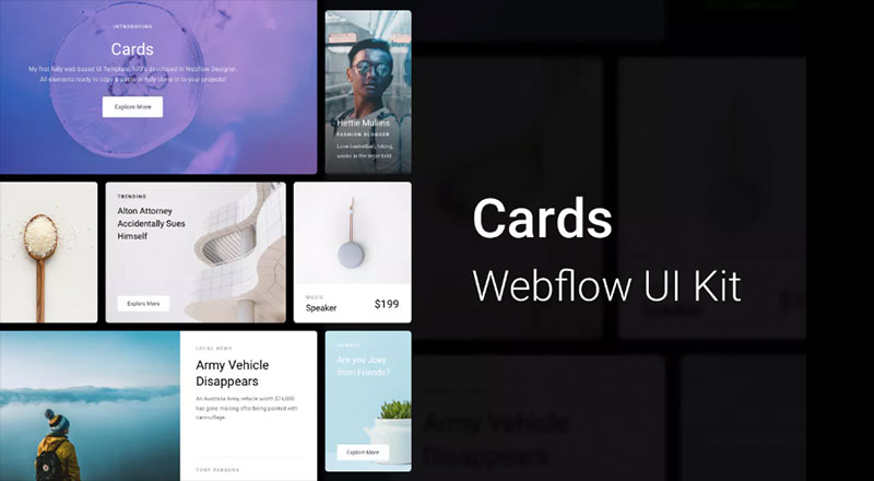 Webflow projelerinde kullanılmaya hazır tasarım seti: Cards